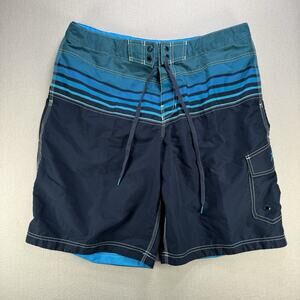 Speedo Mens Large 36" Blue Shorts Stripes Baggy Drawstring Bermudas 10" Inseam